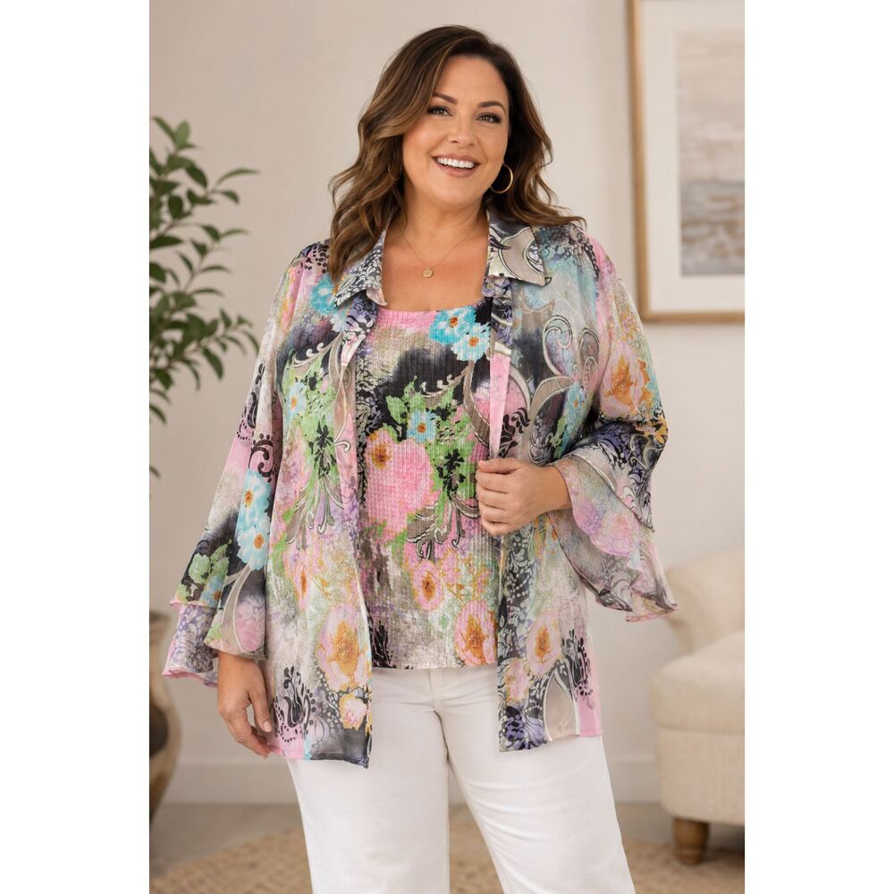 NICOLA Woman 2 Pc. Plus Size 3X Sheer Floral Boho Romantic Layered Blouse Set #V